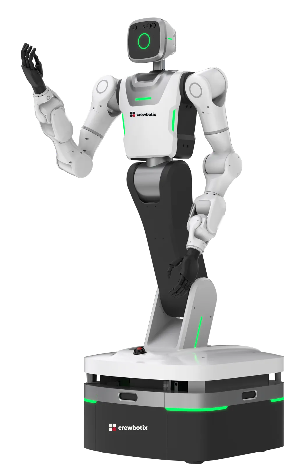 Crewbotix type01: humanoider Industrieroboter mit zwei Armen, Roboterhänden und fahrbarer Basis